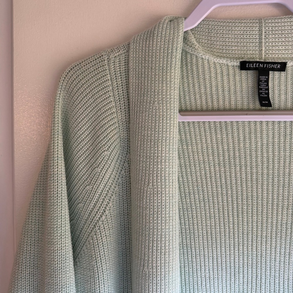 Eileen Fisher Light Mint Green Ribbed Open Front Cardigan Sweater M M - Picture 2 of 7